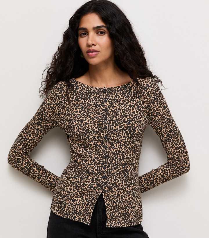 Brown Animal Print Button Through Long Sleeve Top