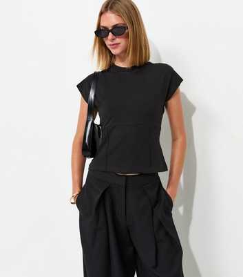 Black Cotton Rich Fitted Waist Grown On Sleeve T-Shirt