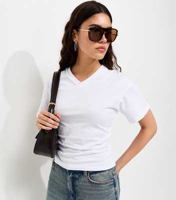 White Cotton Ruched V Neck T-Shirt