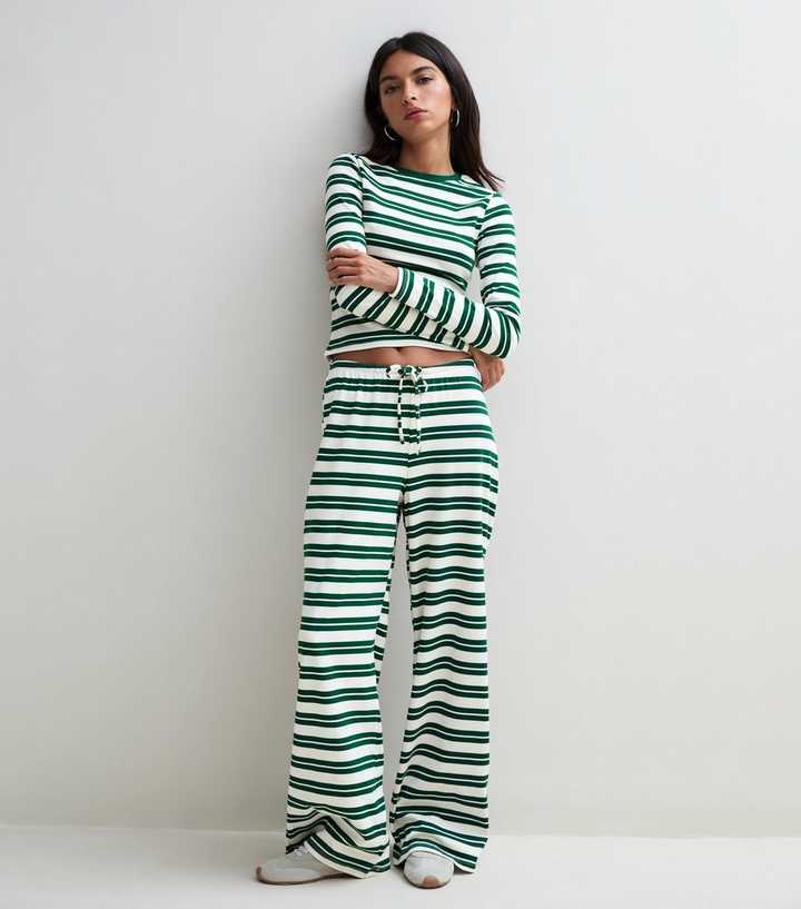 Green Cotton Rich Striped Wide Leg Trousers