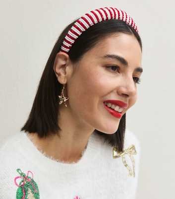 Red Beaded Padded Candy Cane Headband