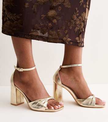 Gold Faux Leather Block Heel Front Twist Sandals