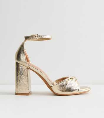Gold Faux Leather Block Heel Front Twist Sandals