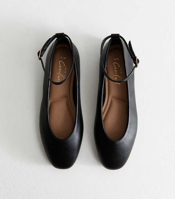 Black Faux Leather Ankle Strap Ballet Flats