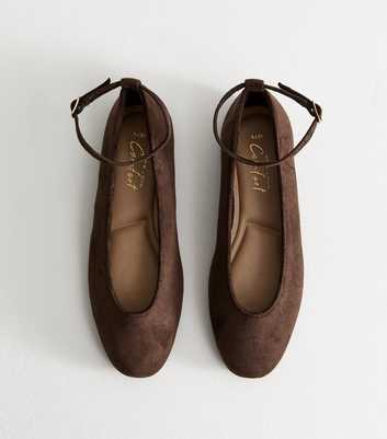 Dark Brown Faux Suede Ankle Strap Ballet Flats