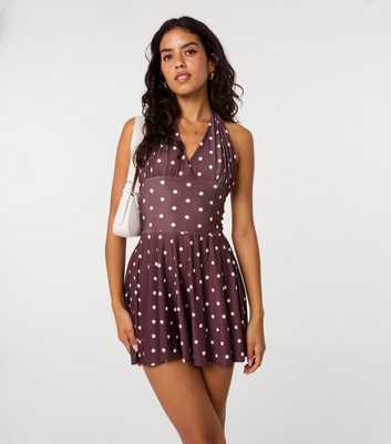Pink Vanilla Dark Brown Polka Dot Halter Neck Mini Dress