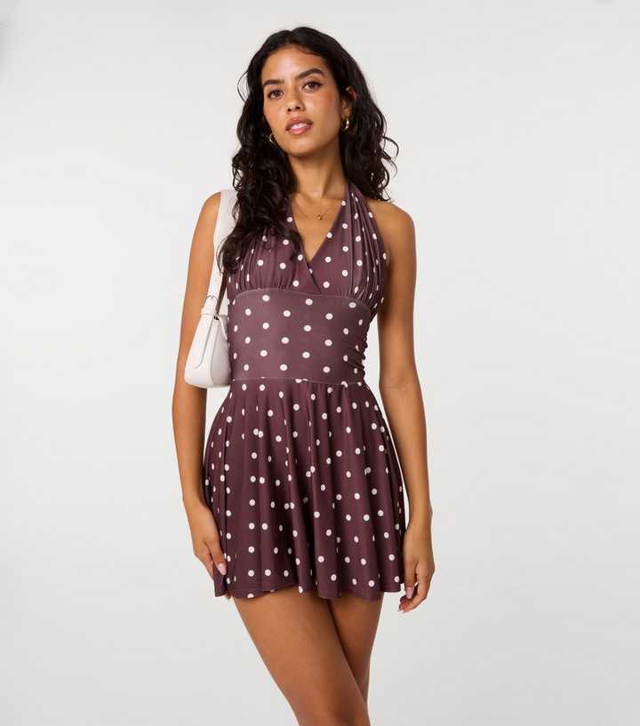 Pink Vanilla Dark Brown Polka Dot Halter Neck Mini Dress