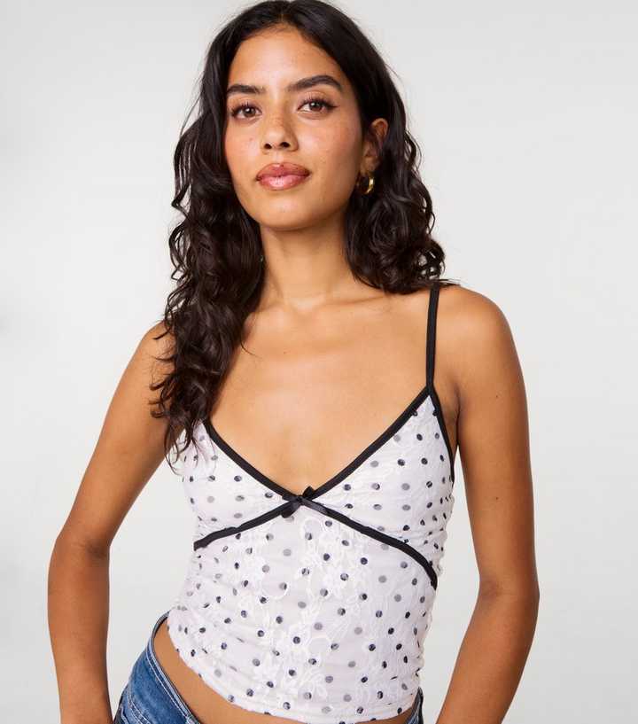 Pink Vanilla Off White Polka Dot Lace Cami Top