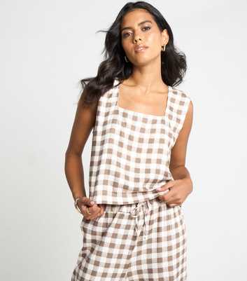 Arch Brown Gingham Square Neck Sleeveless Top