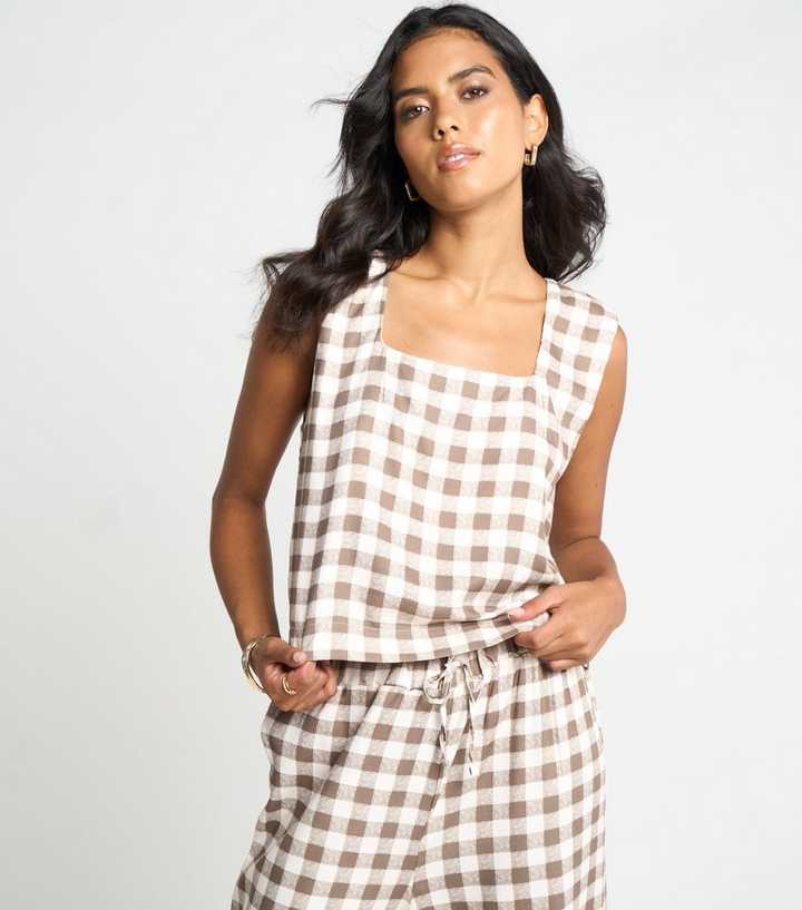 Arch Brown Gingham Square Neck Sleeveless Top