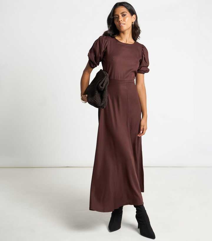 Arch Brown Puff Sleeve Midi Dress