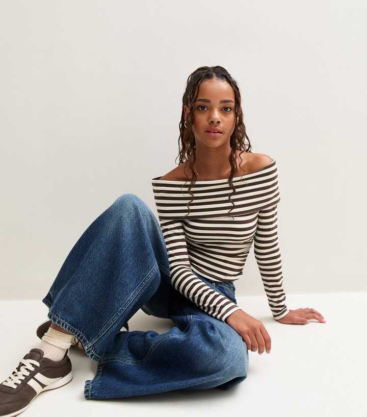 Girls Brown Cotton Rich Striped Bardot Long Sleeve Top