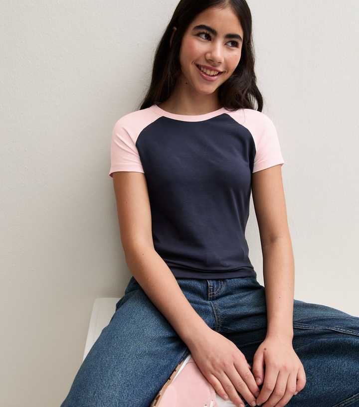 Girls Navy Raglan Sleeve T-Shirt