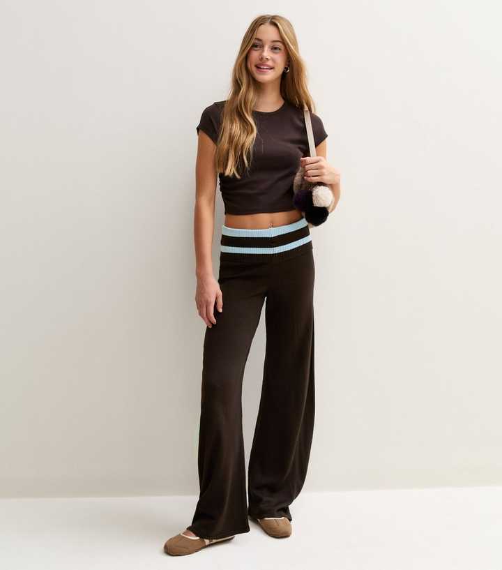 Girls Dark Brown Stripe Fold Over Waistband Wide Leg Knitted Trousers