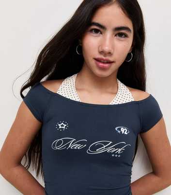 Girls Navy New York 2 In 1 Halter Neck Top