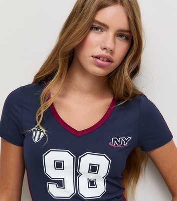 Girls Navy 98 NY Print Soft Touch Fitted Football Top