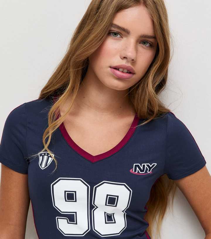 Girls Navy 98 NY Print Soft Touch Fitted Football Top