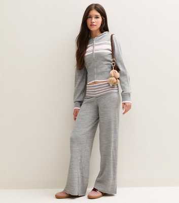 Girls Grey Striped Foldover Waistband Knitted Trousers