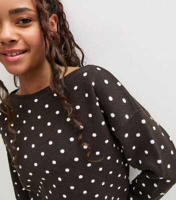 Girls Brown Polka Dot Slash Neck Jumper