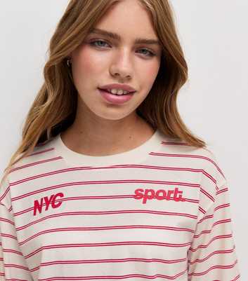 Girls White Cotton Rich NYC 95 Sport Stripe Long Sleeve Boxy T-Shirt
