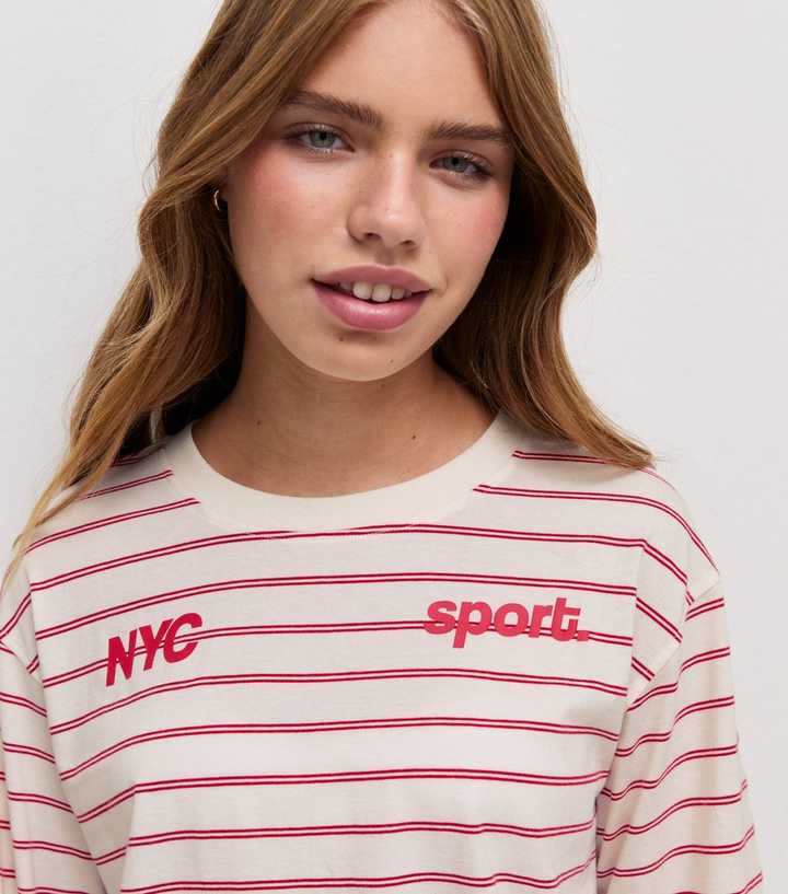 Girls White Cotton Rich NYC 95 Sport Stripe Long Sleeve Boxy T-Shirt