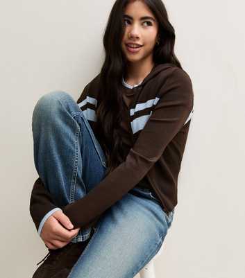Girls Dark Brown Knitted Striped Zip Front Jumper