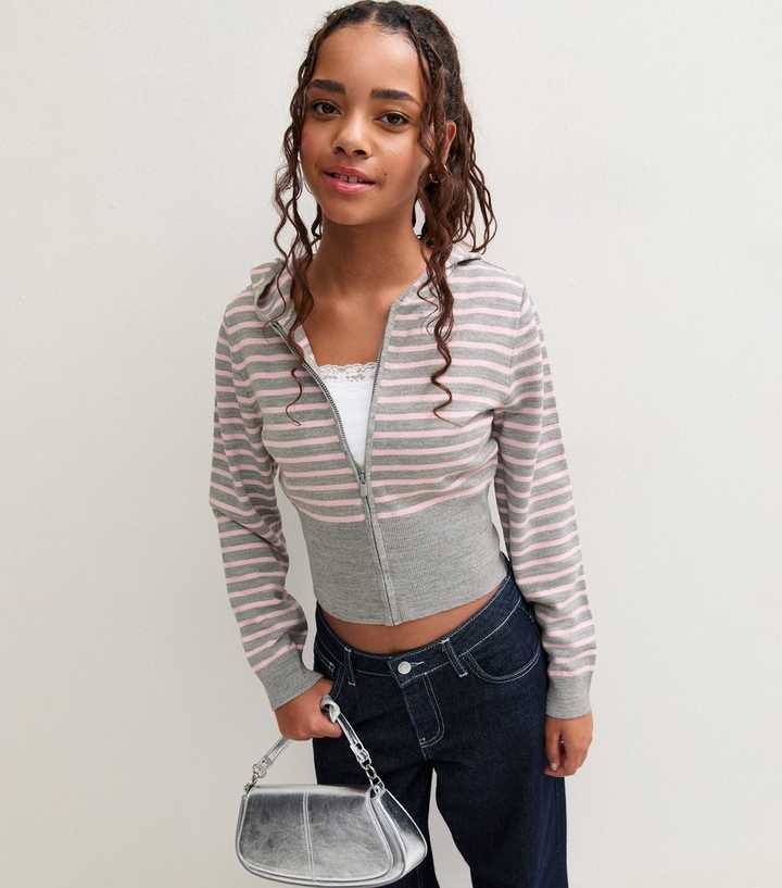 Girls Grey Stripe Zip Front Knitted Cropped Hoodie