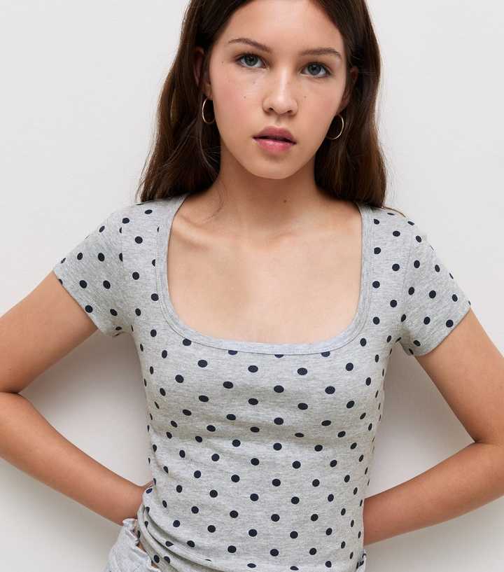 Girls Grey Cotton Rich Spot Print Square Neck T-Shirt
