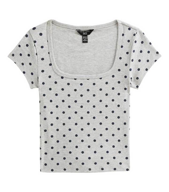 Girls Grey Cotton Rich Spot Print Square Neck T-Shirt
