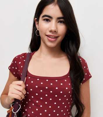 Girls Red Cotton Rich Polka Dot Square Neck T-Shirt