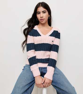 Girls Light Pink and Navy Stripe Cable Knit V Neck Jumper