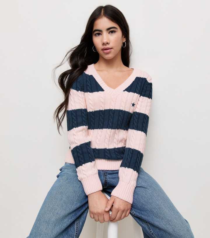 Girls Light Pink and Navy Stripe Cable Knit V Neck Jumper