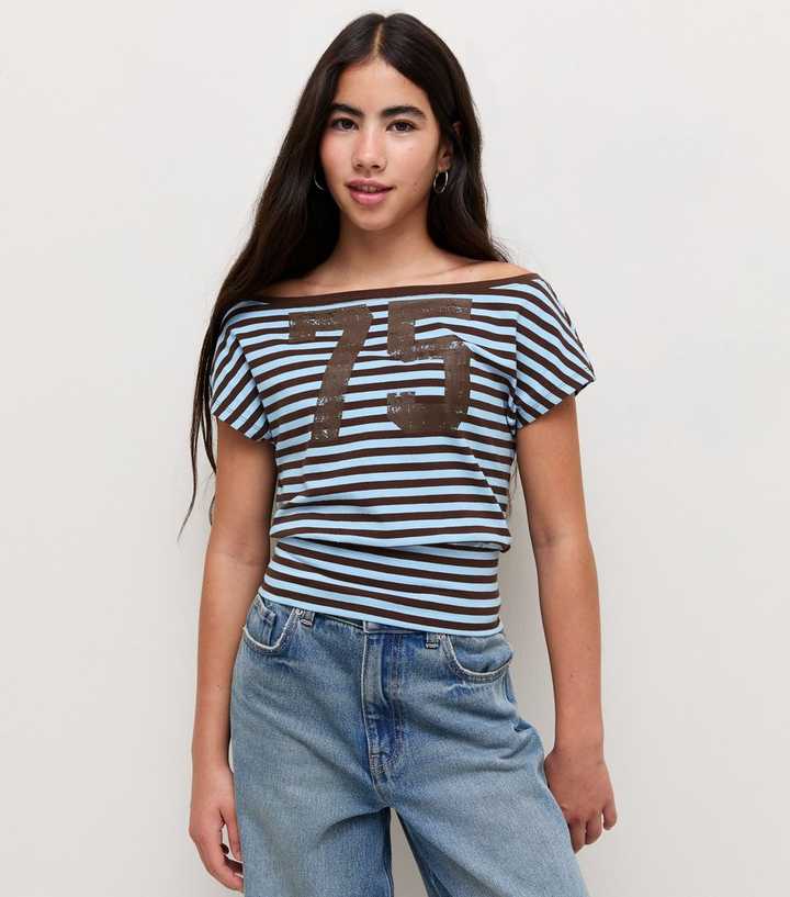 Girls Blue Cotton Rich Striped Cinched Waist Slash Neck Top