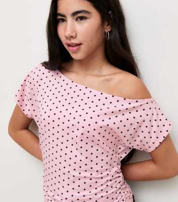 Girls Pink Cotton Rich Spot Print Cinched Waist Slash Neck Top