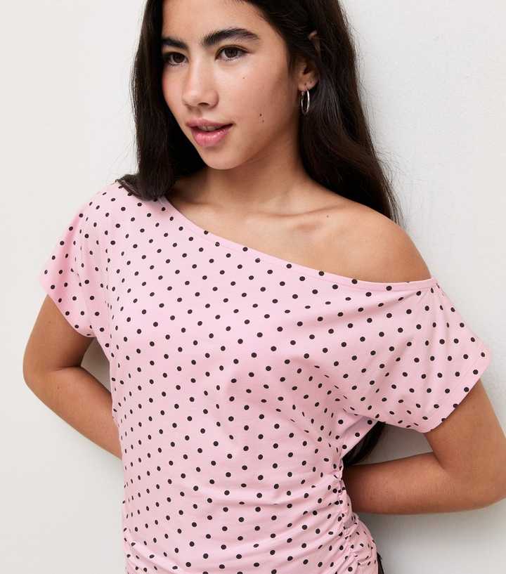Girls Pink Cotton Rich Spot Print Cinched Waist Slash Neck Top