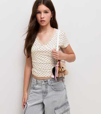 Girls Cream Polka Dot Lace Trim V-Neck T-Shirt