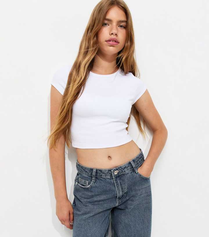 Girls White Cotton Rich Cap Sleeve Crop T-Shirt