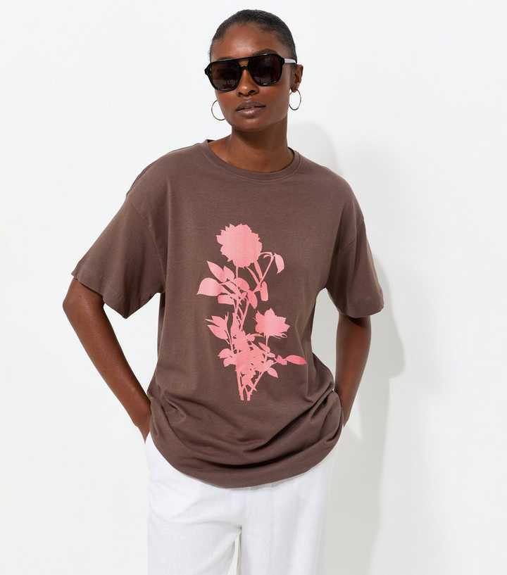 Dark Brown Cotton Floral Oversized T-Shirt
