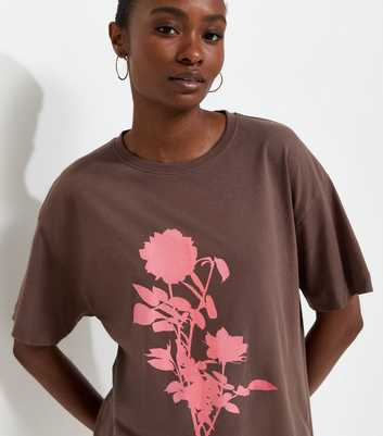 Dark Brown Cotton Floral Oversized T-Shirt