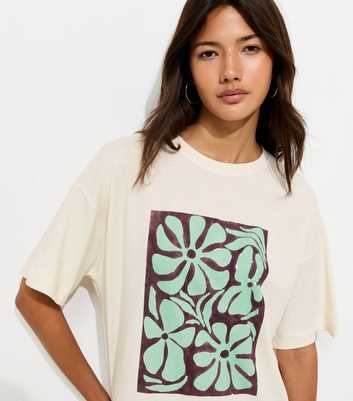 Off White Cotton Abstract Flower Print Oversized T-Shirt