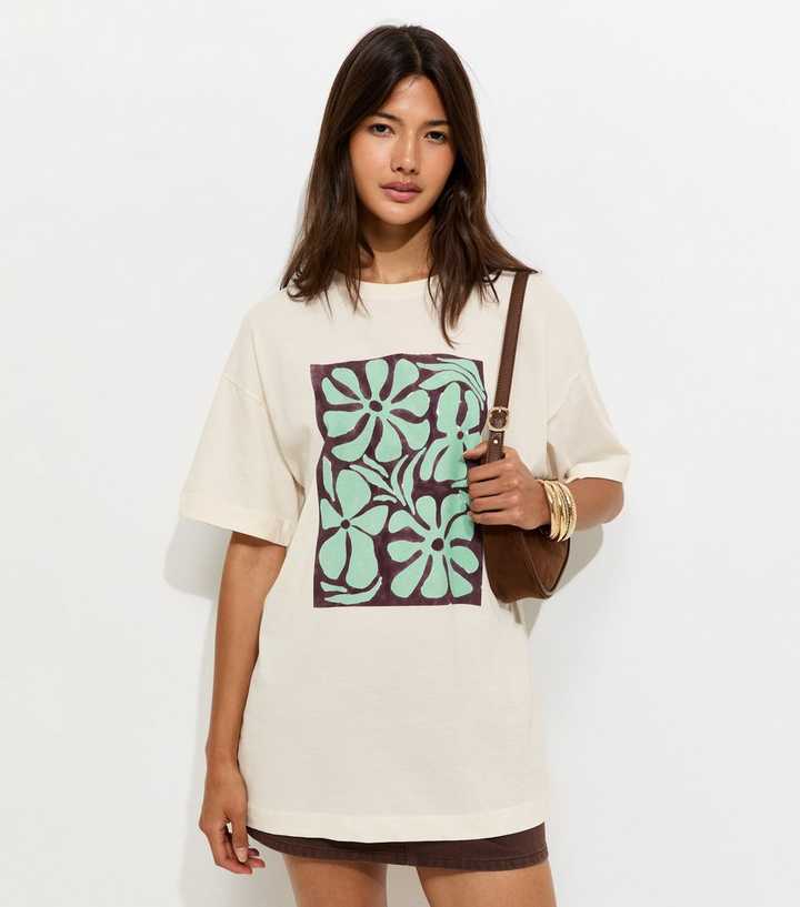 Off White Cotton Abstract Flower Print Oversized T-Shirt