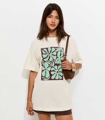 Off White Cotton Abstract Flower Print Oversized T-Shirt
