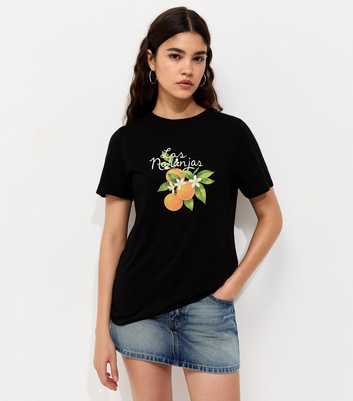 Black Cotton Orange Print Relaxed Fit T-Shirt