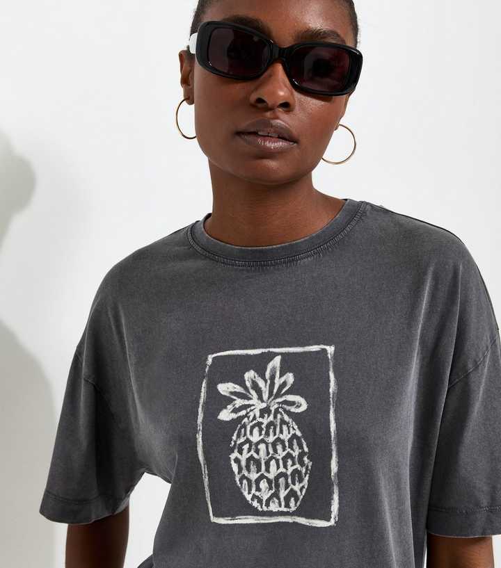 Dark Grey Cotton Pineapple Acid Wash Oversized T-Shirt