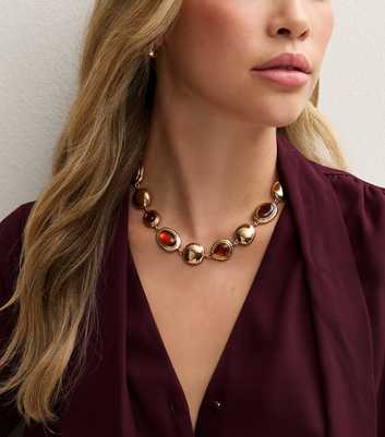 Brown Gold Tone Faux Pebble Necklace