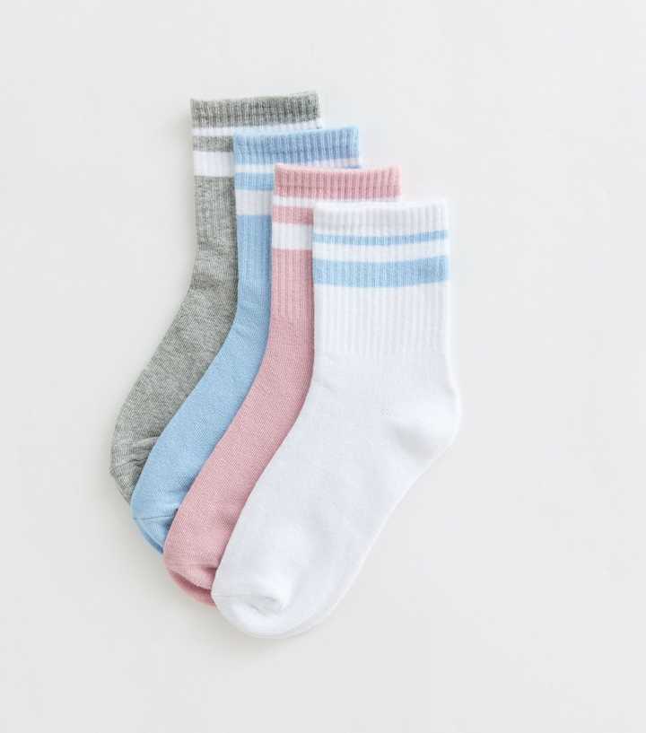 Girls Pack of 4 Multicoloured Cotton Rich Striped Ribbed Ankle Socks