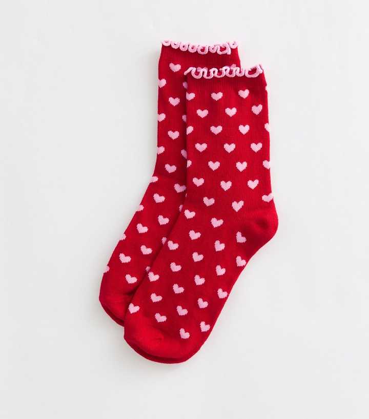 Bright Red Cotton Rich Heart Print Frill Ankle Socks