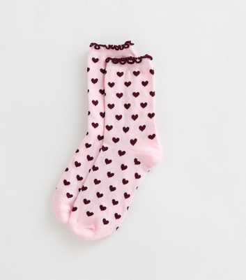 Pink Cotton Rich Heart Print Frill Ankle Socks