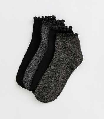 Pack of 4 Black Frill Hem Glitter Ankle Socks