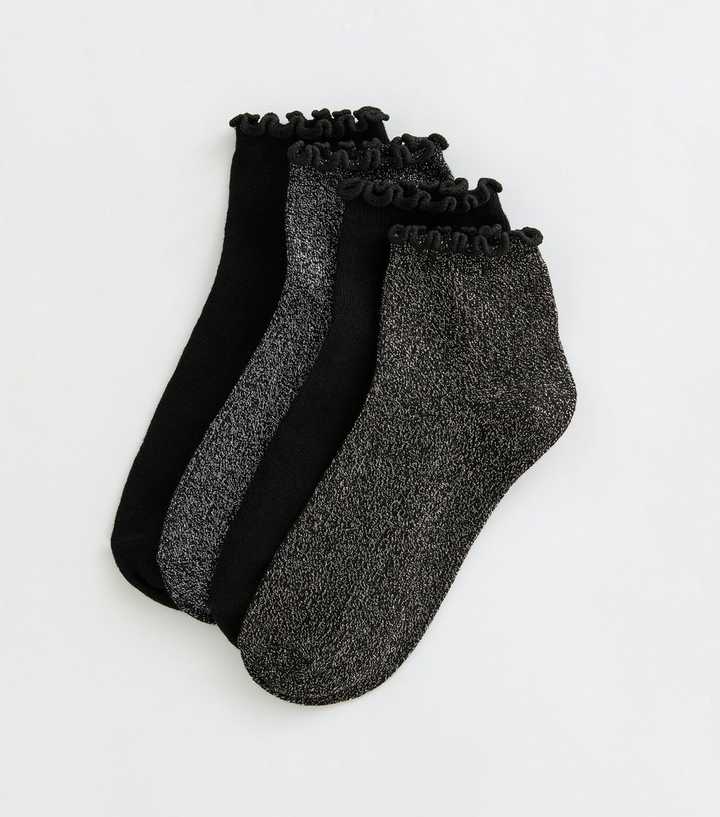 Pack of 4 Black Frill Hem Glitter Ankle Socks